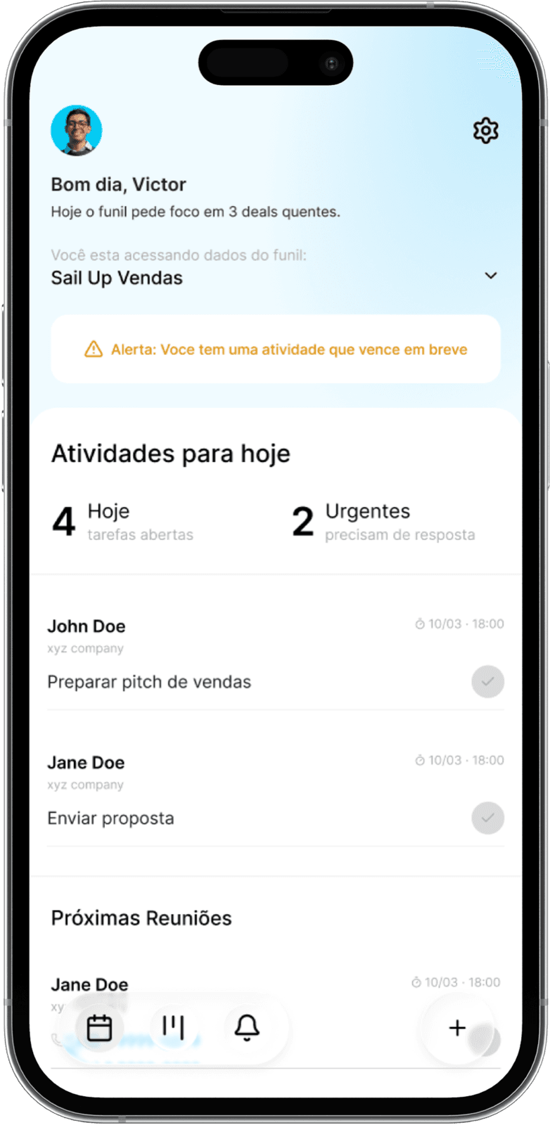 Aplicativo móvel do SailUp com atividades e próximos compromissos